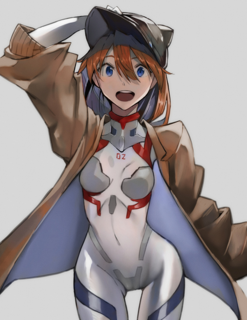 1girl blue_eyes bodysuit breasts brown_hair cleavage evangelion:_3.0+1.0_thrice_upon_a_time hair_between_eyes highres long_hair looking_at_viewer medium_breasts neon_genesis_evangelion pilot_suit plugsuit rebuild_of_evangelion solo souryuu_asuka_langley two_side_up white_bodysuit yagisawa_teru