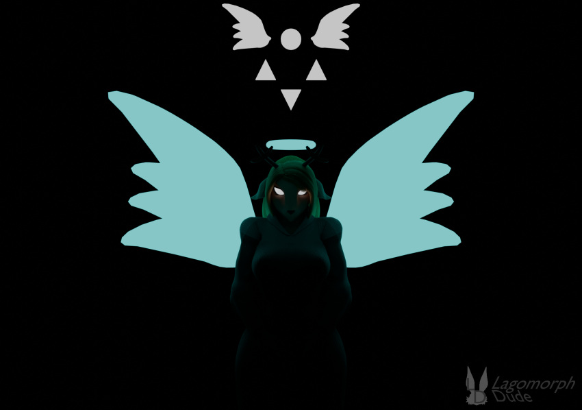 anthro black_background blender_(software) blender_cycles blonde_hair blue_light brown_body brown_fur clothing deer delta_rune_(emblem) deltarune dress female fur glowing glowing_eyes hair halo hi_res horn lagomorph_dude looking_at_viewer mammal noelle_holiday simple_background solo symbol undertale undertale_(series) watermark white_clothing white_dress white_eyes wings