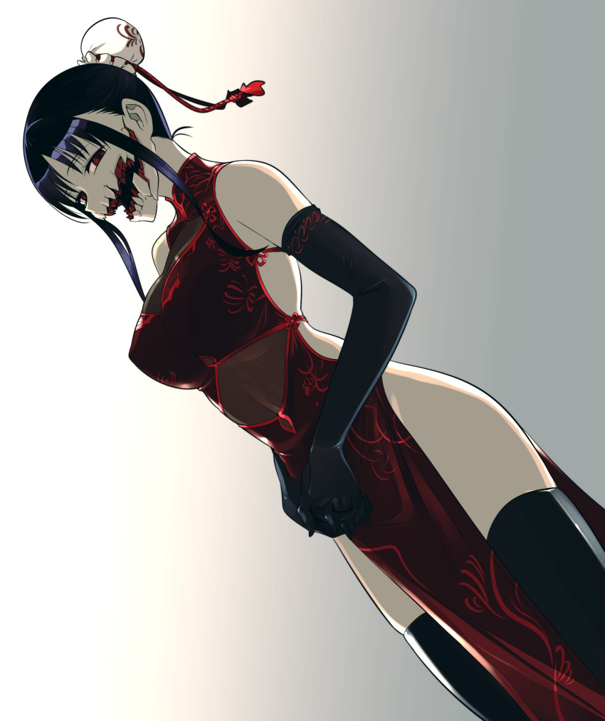 1girl absurdres black_gloves bun_cover china_dress chinese_clothes clothing_cutout cyborg dress glasgow_smile gloves hair_bun highres ishiyumi kuchisake-onna_(ishiyumi) long_hair mechanical_buddy_universe print_dress red_eyes sharp_teeth sidelocks sleeveless sleeveless_dress spot_color teeth thighhighs