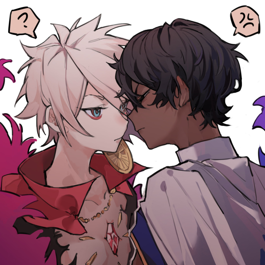 2boys ? anger_vein arjuna_(fate) black_eyes black_hair blue_eyes blush brothers dark-skinned_male dark_skin ear_blush earrings eyeliner facing_another fate/grand_order fate_(series) from_side highres jewelry karna_(fate) looking_at_another makeup male_focus multiple_boys narrowed_eyes outline profile red_eyeliner short_hair siblings speech_bubble spoken_anger_vein spoken_question_mark upper_body very_dark_skin white_background yeguangmusi