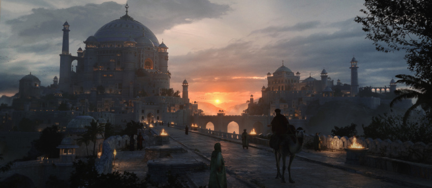 6+boys absurdres bridge camel camel_riding castle citadel city city_lights desert fire highres mauger_baptiste multiple_boys original palace riding sunset temple turban