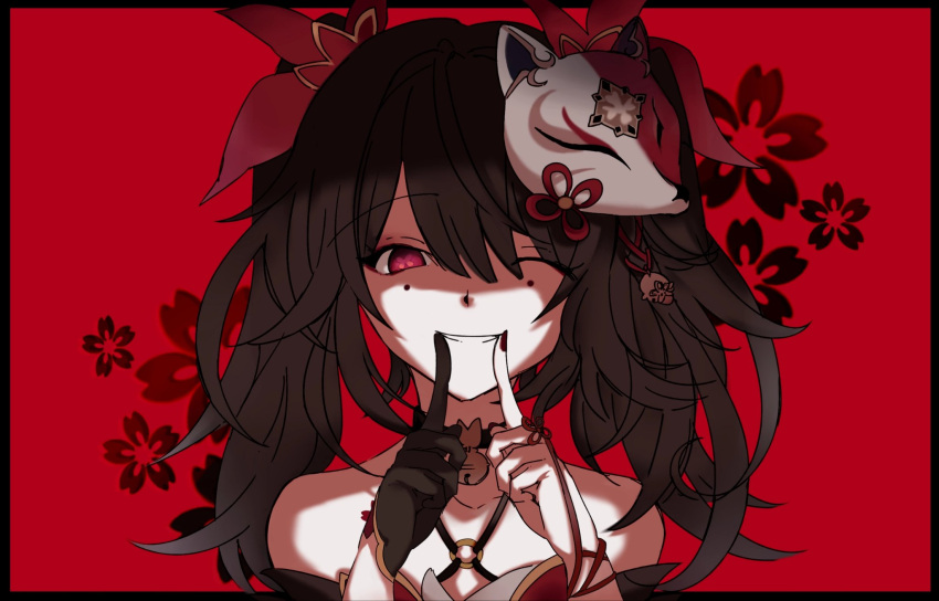 1girl :d bare_shoulders bell black_border black_choker black_gloves border bow brown_hair choker collarbone criss-cross_halter fingers_to_mouth fox_mask gloves hair_bow hair_ornament halterneck hands_up highres honkai:_star_rail honkai_(series) long_hair looking_at_viewer mask mask_on_head neck_bell o-ring one_eye_closed open_mouth outside_border pink_eyes red_background red_bow sidelocks simple_background single_glove smile solo sparkle_(honkai:_star_rail) straight-on teeth twintails weilin_(liarliarliarin)