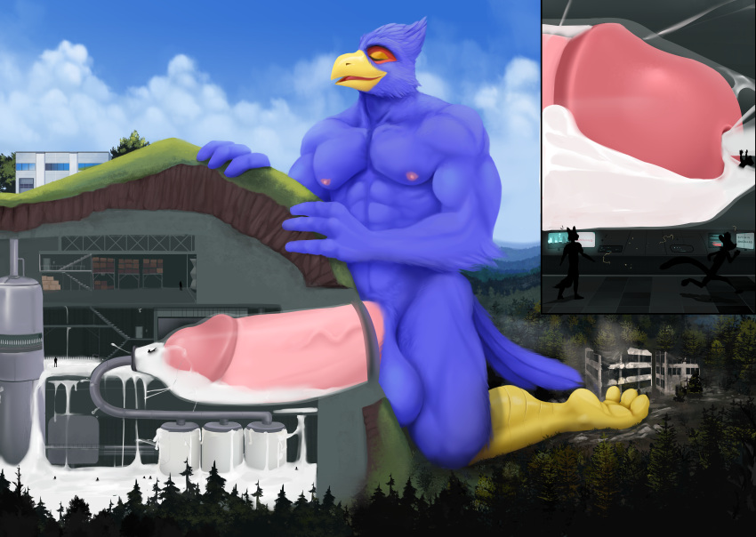 absurd_res avian beak big_penis bird blue_body blurthefur bodily_fluids cum cum_inside excessive_cum excessive_genital_fluids eyes_closed facility falco_lombardi flooding genital_fluids genitals hi_res internal kneeling machine macro milking_machine mountain nintendo orgasm penetration penile penis penis_milking solo star_fox tunnel worship