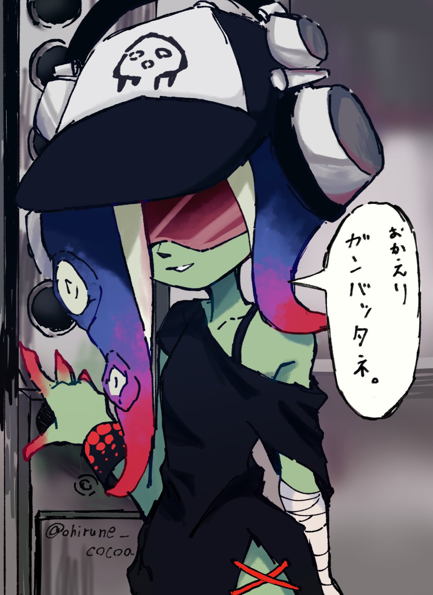 1girl bandaged_arm bandages baseball_cap black_dress black_headwear blue_hair bra_strap bracelet colored_skin dedf1sh dress elevator gradient_hair gradient_skin green_skin hair_over_one_eye hat headphones headphones_over_headwear highres jewelry long_hair multicolored_hair multicolored_skin octoling off-shoulder_dress off_shoulder ohirunecoffee38 purple_hair red-tinted_eyewear red_hair red_skin sanitized_(splatoon) short_sleeves side_slit smile solo speech_bubble splatoon_(series) splatoon_3 splatoon_3:_side_order suction_cups sunglasses tentacle_hair tinted_eyewear twitter_username two-tone_headwear two-tone_skin white_headwear