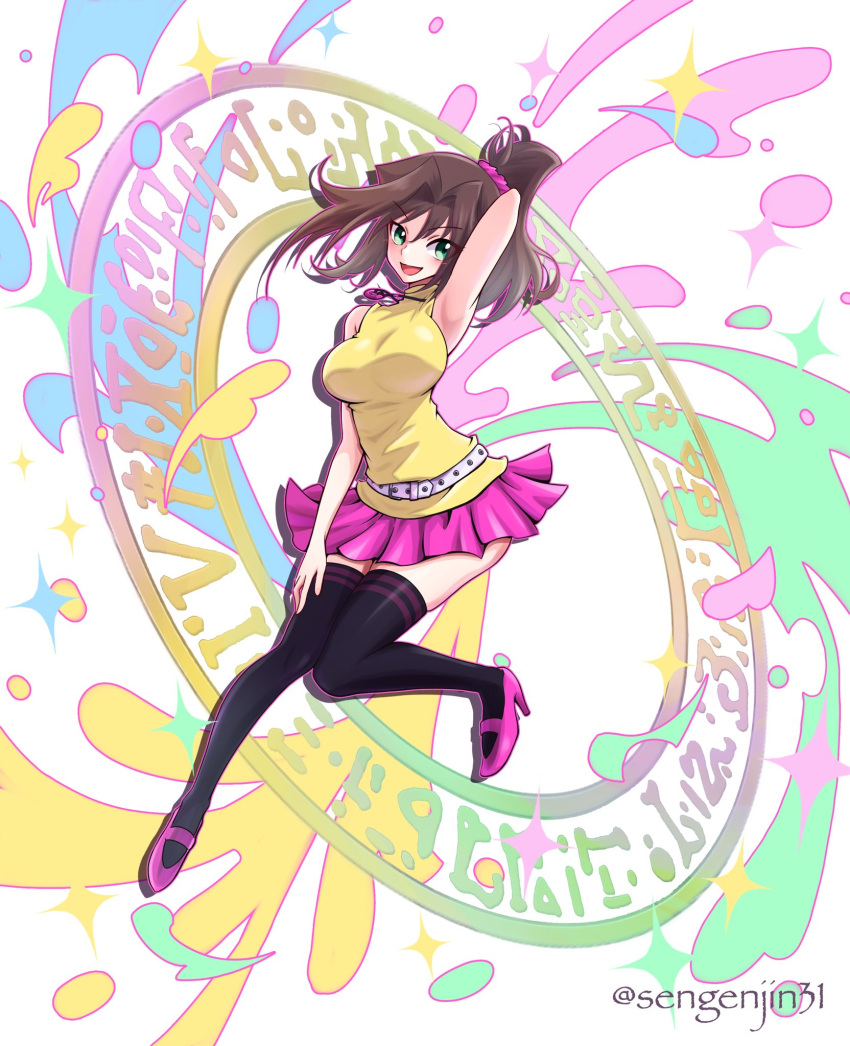 1girl :d armpits belt black_thighhighs breasts brown_hair floating green_eyes hair_between_eyes high_heels highres jewelry large_breasts looking_at_viewer magic_circle mazaki_anzu necklace open_mouth pink_footwear pink_skirt ponytail sengenjin31 shirt skirt sleeveless sleeveless_shirt smile solo thighhighs twitter_username underbutt white_background white_belt yellow_shirt yu-gi-oh! yu-gi-oh!_the_dark_side_of_dimensions