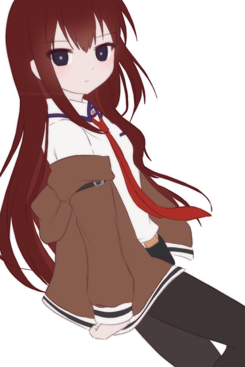 1girl arm_belt arms_at_sides belt black_belt black_eyes black_pantyhose black_shorts breasts bright_pupils brown_jacket closed_mouth collared_shirt dot_nose expressionless highres jacket kanzaki_nyo long_hair long_sleeves looking_at_viewer makise_kurisu necktie open_clothes open_jacket pantyhose red_hair red_necktie shirt short_shorts shorts sidelocks simple_background small_breasts solo steins;gate white_background white_belt white_pupils white_shirt