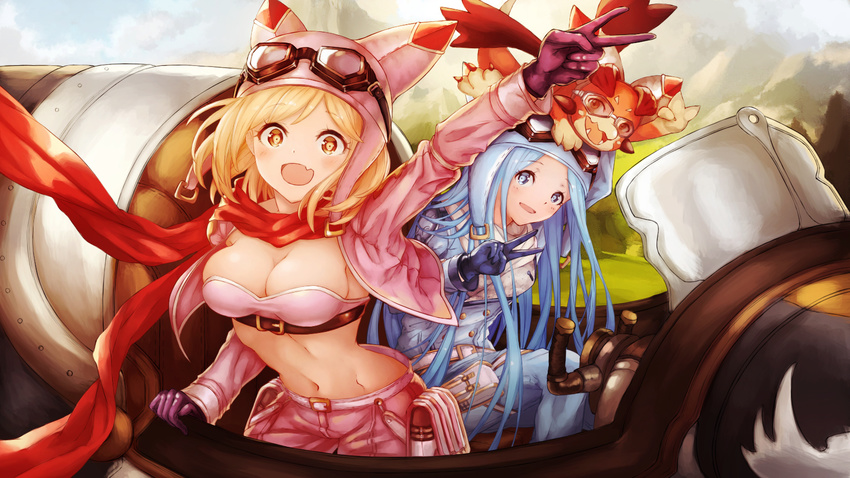 16:9_aspect_ratio :d alternative_costume animal_ears blue_hat blue_jacket breasts cleavage crop_top cropped_jacket deletethistag djeeta_(granblue_fantasy) fake_animal_ears granblue_fantasy ground_vehicle hat high_resolution jacket large_breasts looking_at_viewer lyria_(granblue_fantasy) navel outstretched_arm pants pink_jacket pink_pants racing_suit red_neckwear red_scarf scarf vee_(granblue_fantasy) very_long_hair wakaba_(945599620)