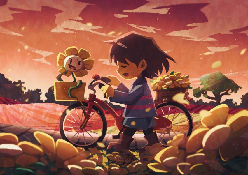 1other absurdres androgynous ankle_boots bicycle blue_shorts boots brown_footwear brown_hair child chinese_commentary closed_eyes cloud commentary_request evening field flower flower_field flowey_(undertale) frisk_(undertale) from_side full_body highres long_sleeves open_mouth orange_sky other_focus outdoors purple_sweater scenery short_hair shorts sideways_mouth sky smile sunset sweater tree undertale walking watawata22 yellow_flower