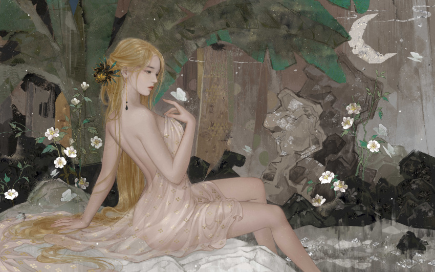 1girl absurdres against_the_gods backless_outfit bare_arms bare_shoulders blonde_hair bug butterfly earrings flower from_side hair_flower hair_ornament half_moon highres holding jewelry long_hair moon official_art palm_tree qianye_ying'er_(against_the_gods) sitting solo tree white_flower
