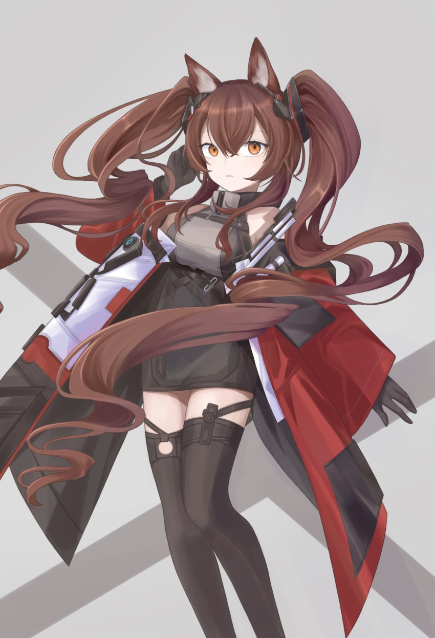 1girl angelina_(arknights) angelina_(endfield)_(arknights) animal_ears arknights arknights:_endfield arm_up bare_shoulders belt black_bracelet black_gloves breasts brown_hair clenched_teeth coat diamond-shaped_pupils diamond_(shape) dress earpiece floating_hair fox_ears fox_girl gloves grey_dress grey_thighhighs high_belt highres impossible_clothes long_hair looking_at_viewer medium_breasts off_shoulder open_clothes open_coat orange_coat orange_eyes red_coat sidelocks simple_background solo symbol-shaped_pupils teeth thighhighs twintails zettai_ryouiki