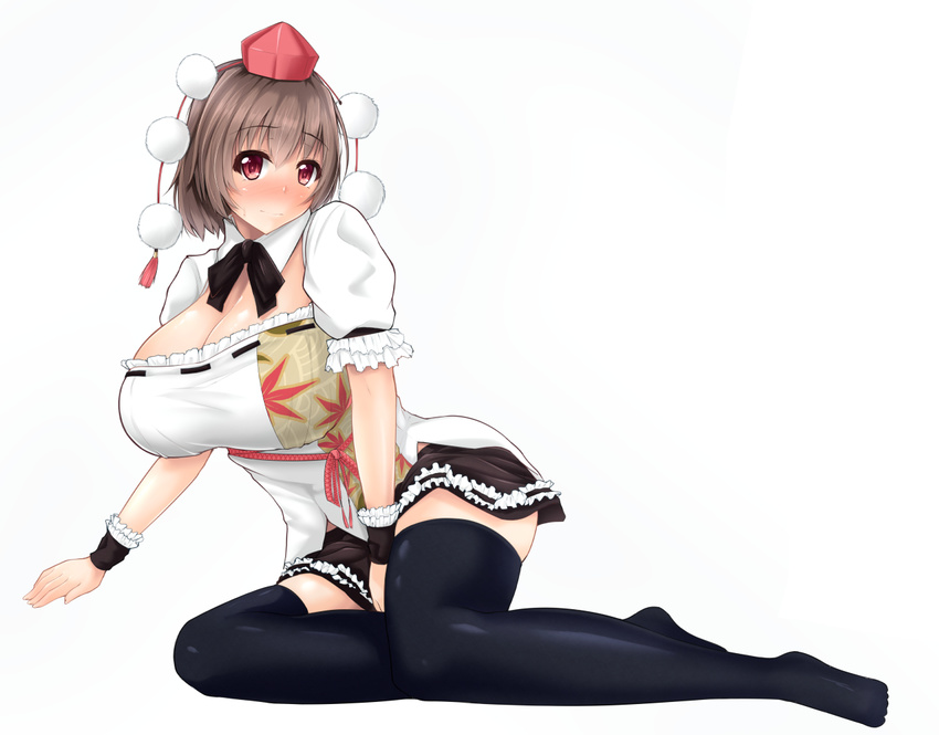 alternative_facts_in_eastern_utopia black_legwear blush breasts brown_hair cleavage full_body hat hydrant_(kasozama) large_breasts legs light_smile long_legs red_eyes shameimaru_aya short_hair simple_background skirt solo sweatdrop thighhighs thighs tokin_hat touhou white_background