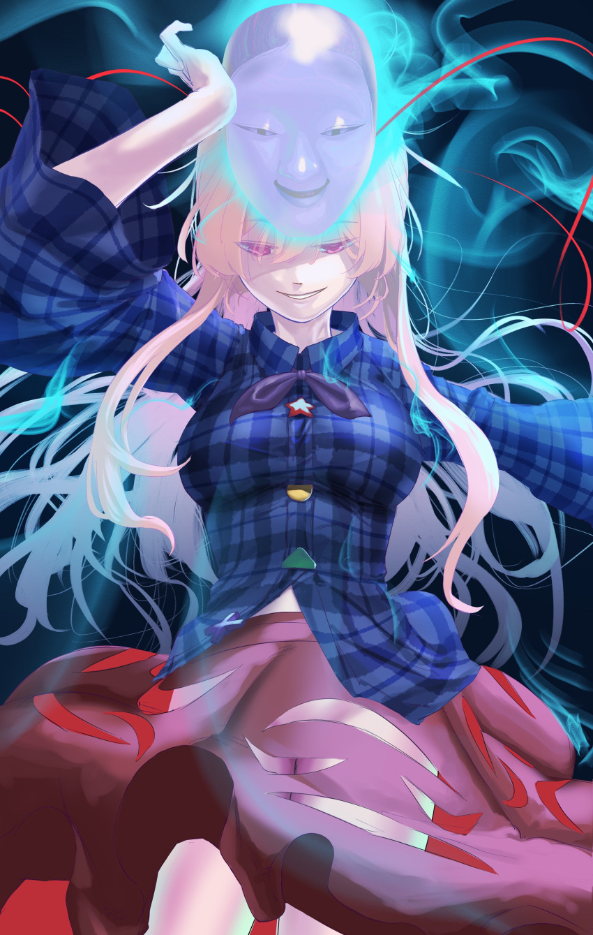 1girl absurdres aura blue_background blue_shirt bow bowtie breasts buttons circle collared_shirt commentary_request cowboy_shot grin hair_between_eyes half-closed_eyes hata_no_kokoro highres kiminami long_bangs long_hair long_sleeves looking_at_viewer looking_down mask mask_on_head multicolored_buttons noh_mask pink_eyes pink_hair pink_skirt plaid plaid_shirt purple_bow purple_bowtie shirt skirt skirt_cutout smile smoke solo star_(symbol) thighs touhou triangle