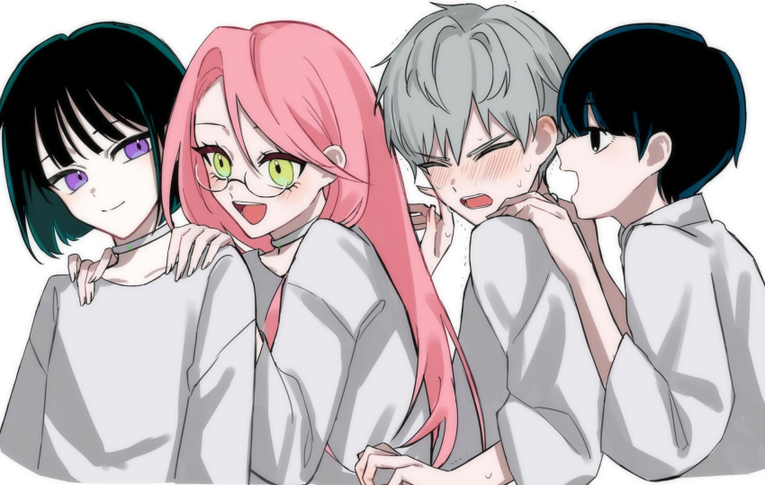 2boys 2girls alien_stage black_eyes black_hair blush child closed_eyes collar collarbone ear_blush eyelashes flustered from_side grey_hair hands_on_another's_shoulders happy highres ivan_(alien_stage) kyon_(zmwh8222) long_hair looking_at_another mizi_(alien_stage) multiple_boys multiple_girls open_mouth pink_hair purple_eyes short_hair smile sua_(alien_stage) sweat till_(alien_stage) upper_body white_background white_collar yaoi yellow_eyes yuri