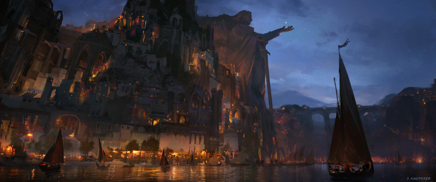 absurdres bridge city city_lights dock highres lights night no_humans numenor official_art renart rings_of_power sail scenery ship statue tolkien's_legendarium water watercraft watermark