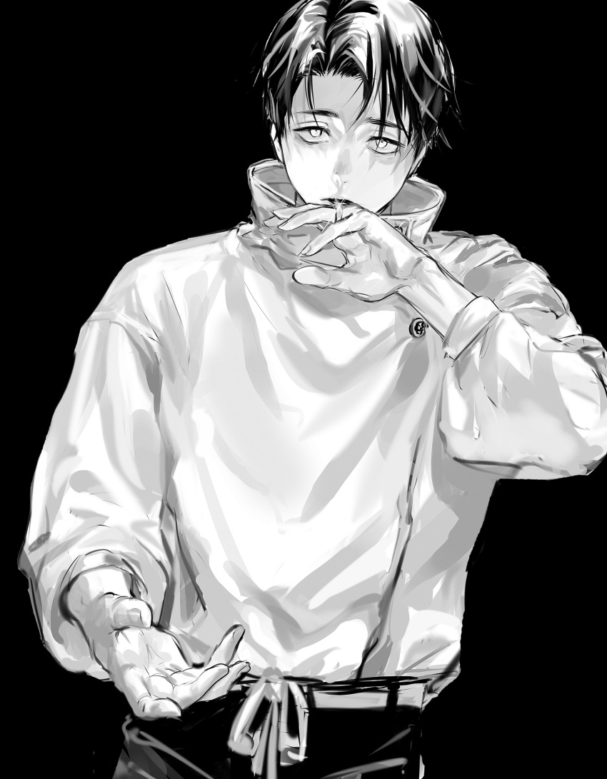 1boy 99round absurdres belt cowboy_shot greyscale hand_up highres jacket jewelry jujutsu_kaisen jujutsu_tech_uniform looking_at_viewer male_focus monochrome okkotsu_yuuta pants ring school_uniform short_hair simple_background solo standing