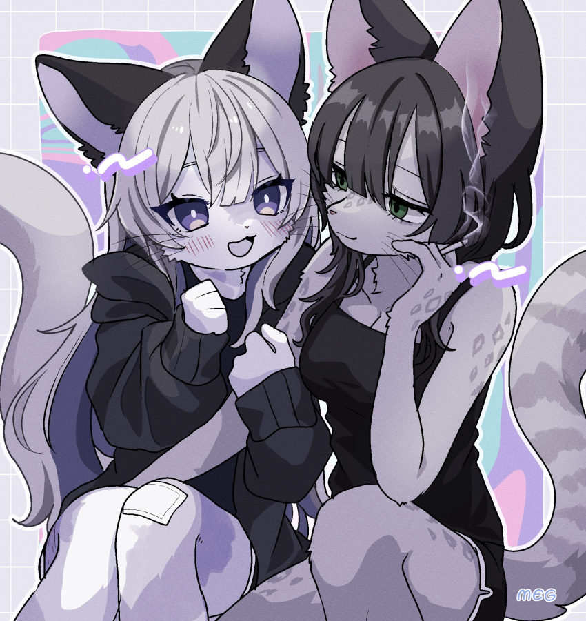 2girls animal_ears animal_nose artist_name black_camisole black_hoodie black_shorts blush breasts bright_pupils camisole cat_ears cat_girl cat_tail cigarette cleavage clenched_hand commentary furry furry_female green_eyes hair_between_eyes highres holding holding_another's_arm hood hoodie long_hair medium_breasts medium_hair meg_(115meg) multiple_girls original purple_eyes shorts sleeves_past_wrists smile smoking snout symbol-only_commentary tail white_pupils yuri