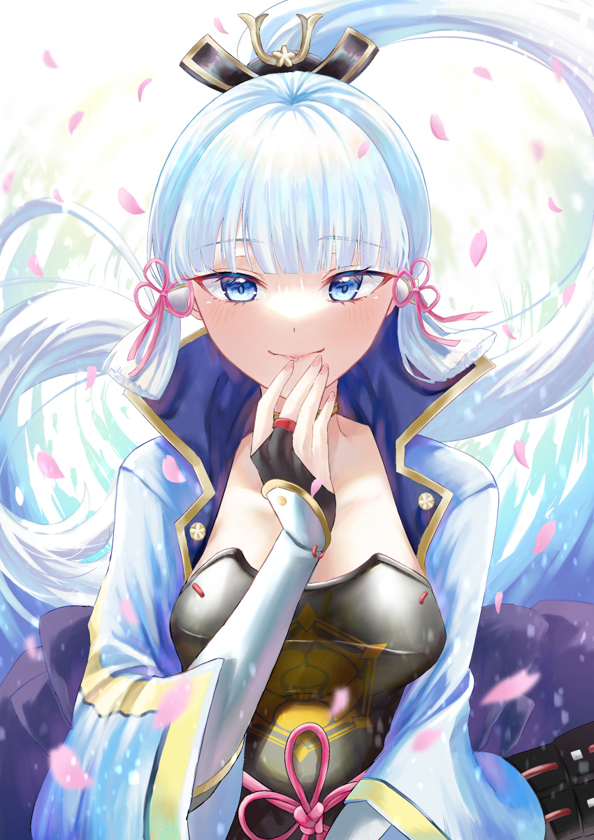 1girl absurdres armor armored_dress black_gloves blue_eyes blue_hair blue_jacket blunt_bangs blunt_tresses bridal_gauntlets collarbone falling_petals floating_hair genshin_impact gloves gold_trim hair_ornament hand_to_own_mouth highres jacket kamisato_ayaka light_blush long_hair looking_at_viewer multicolored_background open_clothes open_jacket petals pink_petals ponytail smile tsuchinoko_(vjde8458) upper_body very_long_hair wide_sleeves