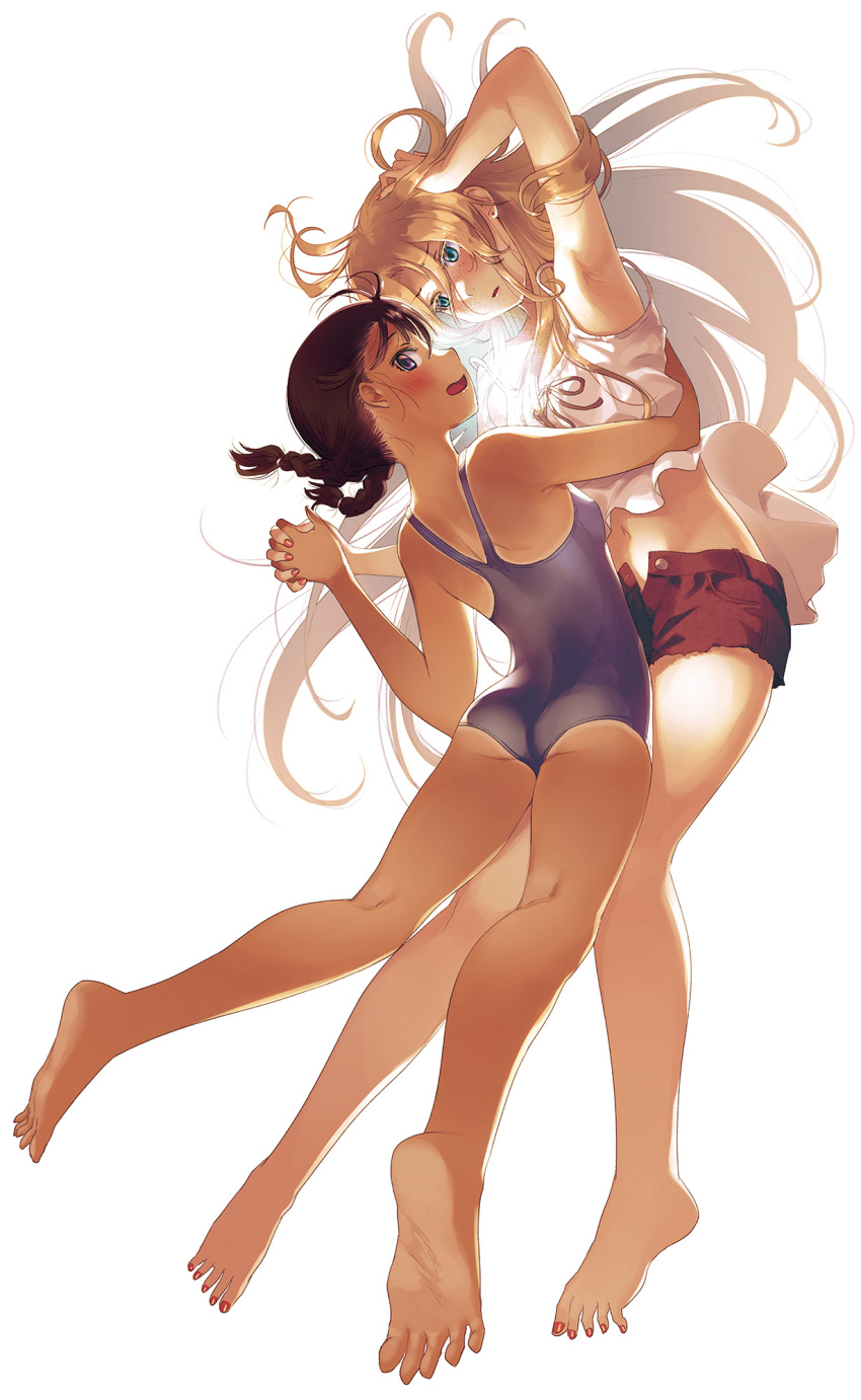 2girls aqua_eyes armpits ass bare_arms bare_legs bare_shoulders barefoot black_hair blonde_hair braid cellphone chigawa_kon competition_school_swimsuit cropped_shirt feet furuka_hitoto hand_in_own_hair hattori_mitsuru highres holding_hands hug kaijuu_iro_no_shima legs long_hair looking_at_another looking_at_viewer looking_back multiple_girls nail_polish navel one-piece_swimsuit open_fly open_mouth phone purple_eyes red_nails red_shorts school_swimsuit shirt short_hair shorts simple_background smartphone soles swimsuit toenail_polish toenails toes twin_braids white_background white_shirt yuri