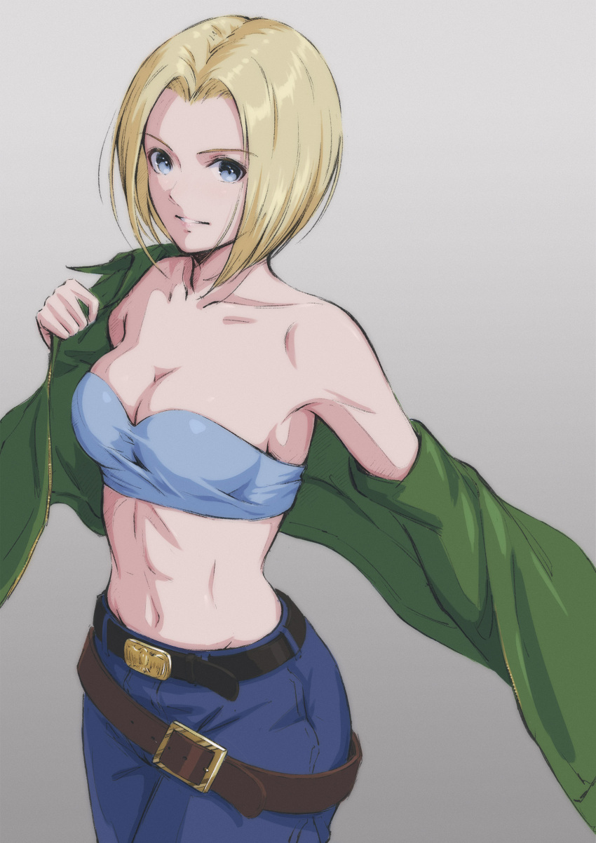 1girl absurdres bare_shoulders belt blonde_hair blue_eyes blue_mary blue_pants breasts cleavage collarbone commentary fatal_fury green_jacket grey_background highres jacket looking_at_viewer loose_belt medium_breasts midriff multiple_belts navel off_shoulder open_clothes open_jacket pants parted_bangs parted_lips short_hair solo stomach strapless the_king_of_fighters the_king_of_fighters_'97 tube_top tyanoki