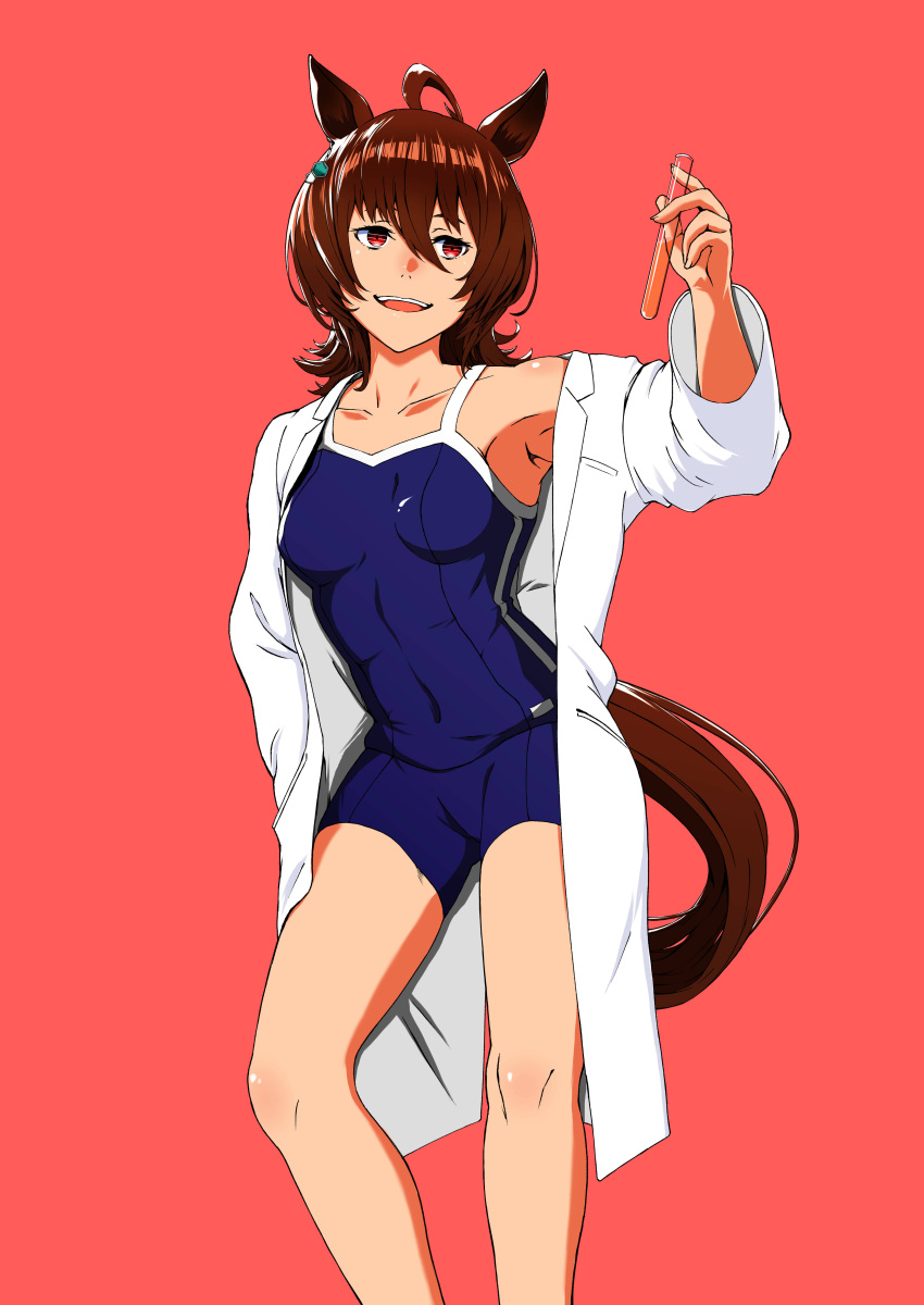 1girl absurdres agnes_tachyon_(umamusume) ahoge animal_ears armpits blue_one-piece_swimsuit bluetec3h breasts chemical_structure coat collarbone commentary_request competition_school_swimsuit earrings feet_out_of_frame hair_between_eyes hand_in_pocket highres holding holding_test_tube horse_ears horse_girl horse_tail jewelry lab_coat long_sleeves medium_breasts messy_hair one-piece_swimsuit open_clothes open_coat open_mouth red_background red_eyes school_swimsuit school_uniform short_hair single_earring smile solo swimsuit swimsuit_under_clothes tail teeth test_tube tracen_school_uniform umamusume upper_teeth_only white_coat