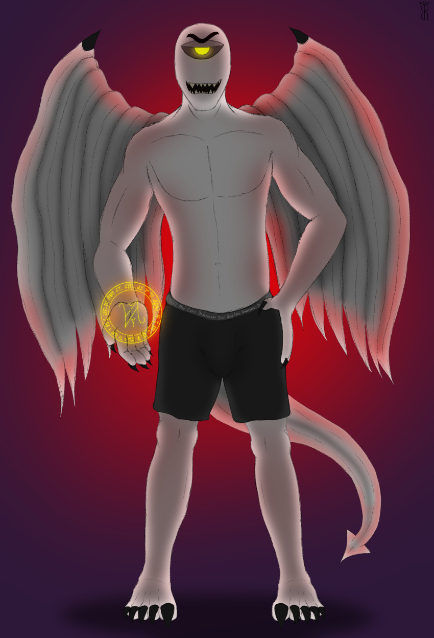 absurd_res aeon_(brazenraven) bare_chest barefoot brazenraven bulge claws clothing demon demon_humanoid feet glowing glowing_eyes hand_on_hip hi_res humanoid magic magic_user male noseless occult_symbol open_hand shirtless_male sigil simple_background smile smiling_at_viewer solo spade_tail spread_wings standing symbol tail underwear wings