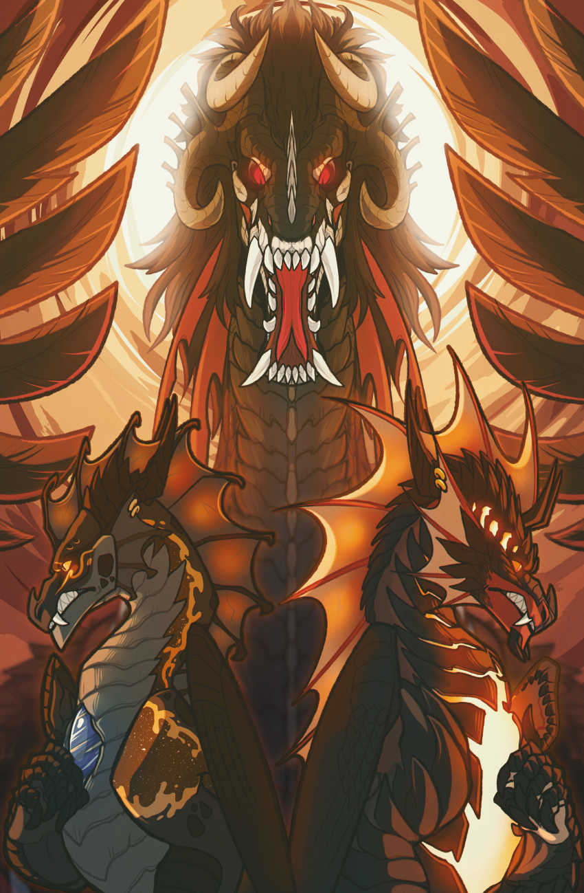 absurd_res ambiguous_gender bared_teeth big_fangs brown_body brown_horn dragon fangs feral forked_tongue frill_(anatomy) grey_body grey_scales group head_crest head_frill hi_res horn kardinaluz mythological_creature mythological_scalie mythology open_mouth orange_eyes orange_frill orange_sclera pupils red_eyes red_tongue scales scalie slit_pupils teeth tongue trio yellow_eyes
