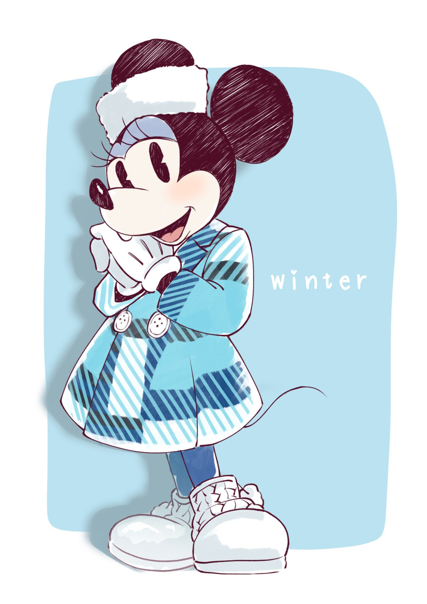 1girl animal_ears blue_background blue_dress blush border disney dress english_text full_body fur_hat hands_up hat highres interlocked_fingers looking_at_viewer minnie_mouse mouse_ears mouse_tail non_565656 open_mouth own_hands_together solo tail white_border white_footwear