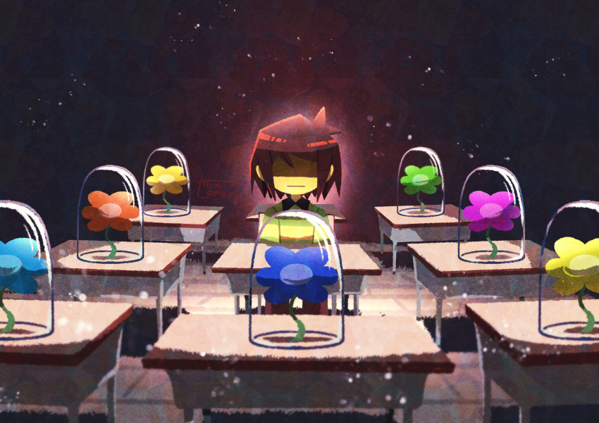 1other :| absurdres androgynous artist_name brown_hair capsule child classroom closed_mouth colored_skin commentary_request covered_eyes deltarune desk expressionless facing_viewer flower green_sweater highres indoors kris_(deltarune) other_focus school_desk shaded_face short_hair signature sitting solo sweater watawata22 yellow_skin