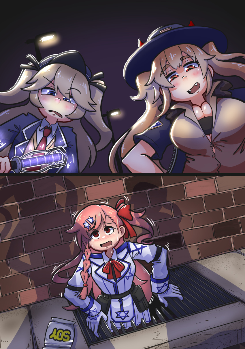 2024_new_york_city_jewish_tunnels 3girls absurdres blue_eyes blue_headwear blue_jacket blue_suit blue_trim bomber_jacket bow braid breasts brown_hair brown_shirt collared_shirt commission demon_horns dress fangs girls'_frontline gloves gown hair_bow hat hexagram highres horns jacket large_breasts long_hair long_sleeves m870_(girls'_frontline) multiple_girls necktie negev_(girls'_frontline) one_side_up open_mouth peaked_cap pink_hair red_bow red_eyes red_horns red_necktie serjatronic shirt short_sleeves side_braid star_of_david suit super-shorty_(girls'_frontline) sweater twintails two_side_up white_dress white_gloves white_shirt yellow_sweater