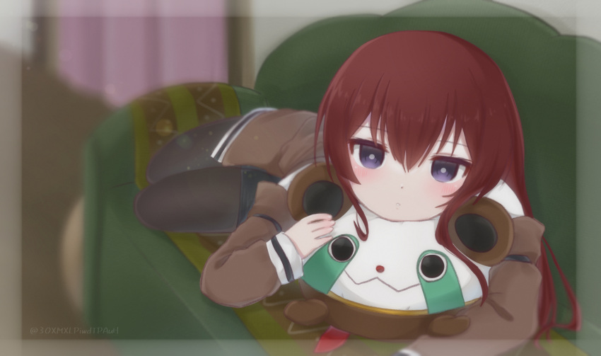 1girl black_footwear black_pantyhose blurry blurry_background border brown_jacket couch depth_of_field dot_nose hair_between_eyes highres holding holding_stuffed_toy indoors jacket jitome kanzaki_nyo light_blush long_hair looking_at_viewer lying makise_kurisu on_stomach pantyhose parted_lips purple_eyes red_hair shirt short_shorts shorts solo steins;gate stuffed_toy twitter_username white_shirt