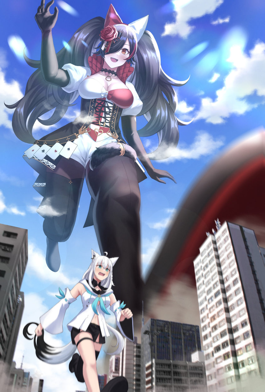 2girls absurdres ahoge animal_ears black_gloves black_hair black_shorts blue_sky braid breasts building card city cleavage cloud commission detached_sleeves elbow_gloves flower fox_ears fox_girl fox_tail giant giantess gloves green_eyes hair_flower hair_ornament hair_over_one_eye highres hololive large_breasts long_hair multicolored_hair multiple_girls navel numaguro_(tomokun0808) ookami_mio ookami_mio_(wonderland) open_mouth red_hair running shirakami_fubuki shirt short_shorts shorts single_braid skeb_commission sky sleeveless sleeveless_shirt smile streaked_hair tail twintails virtual_youtuber white_hair wolf_ears wolf_girl yellow_eyes