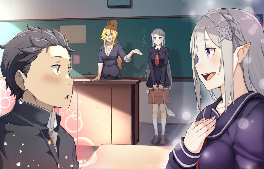 1boy 2girls :d :o black_hair black_jacket blonde_hair blue_jacket blue_sailor_collar blue_skirt braid breasts brown_footwear chalkboard classroom cleavage contemporary crown_braid desk emilia_(re:zero) frederica_baumann from_side full_body green_eyes grey_hair hair_ornament hand_up highres indoors jacket large_breasts loafers long_hair long_sleeves multiple_girls natsuki_subaru neck_ribbon pleated_skirt pointy_ears purple_eyes purple_ribbon re:zero_kara_hajimeru_isekai_seikatsu red_ribbon ribbon sailor_collar school_desk sharp_teeth shoes short_hair skirt sleeves_rolled_up smile socks standing teacher teeth thick_eyebrows upper_body very_long_hair white_socks x_hair_ornament zerobarto