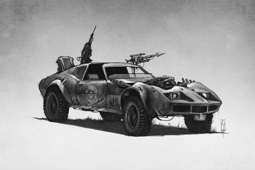 car chevrolet chevrolet_corvette chevrolet_corvette_c3 engine english_commentary greyscale harpoon harpoon_gun highres mad_max mad_max:_fury_road monochrome motor_vehicle no_humans shadow shanemolina sports_car turret vehicle_focus