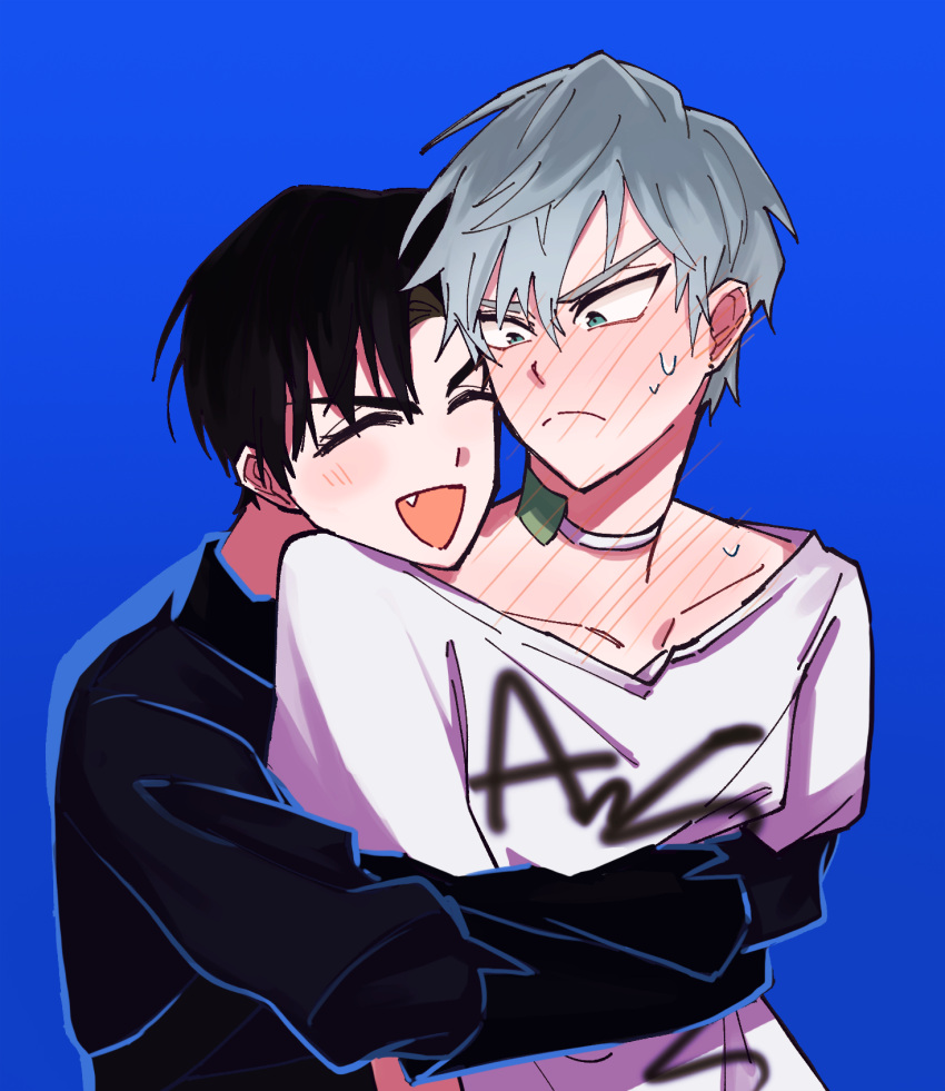 2boys alien_stage black_hair black_sweater blue_background blue_eyes blush closed_eyes collarbone dawn_(artist) ear_blush fang flustered full-face_blush grey_hair happy highres hug hug_from_behind ivan_(alien_stage) male_focus multiple_boys neck_blush open_mouth over_shoulder shirt sweatdrop sweater till_(alien_stage) upper_body white_shirt yaoi