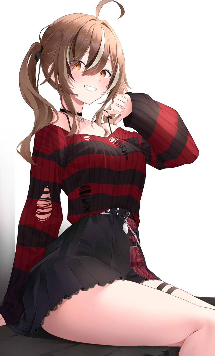 1girl absurdres ahoge belt belt_chain black_camisole black_skirt black_sweater camisole choker emo_fashion feathers grin hand_up hashtag_only_commentary heart heart_choker high-waist_skirt highres hirahiragi_(h1rqg1) hololive hololive_english lace-trimmed_choker lace_trim long_hair looking_at_viewer multicolored_hair nanashi_mumei nanashi_mumei_(4th_costume) official_alternate_costume official_alternate_hairstyle plaid plaid_skirt pleated_skirt red_skirt red_sweater skirt smile spaghetti_strap strap_pull streaked_hair striped_clothes striped_sweater sweater sweater_tucked_in thigh_strap torn_clothes torn_sweater twintails two-tone_sweater very_long_hair virtual_youtuber