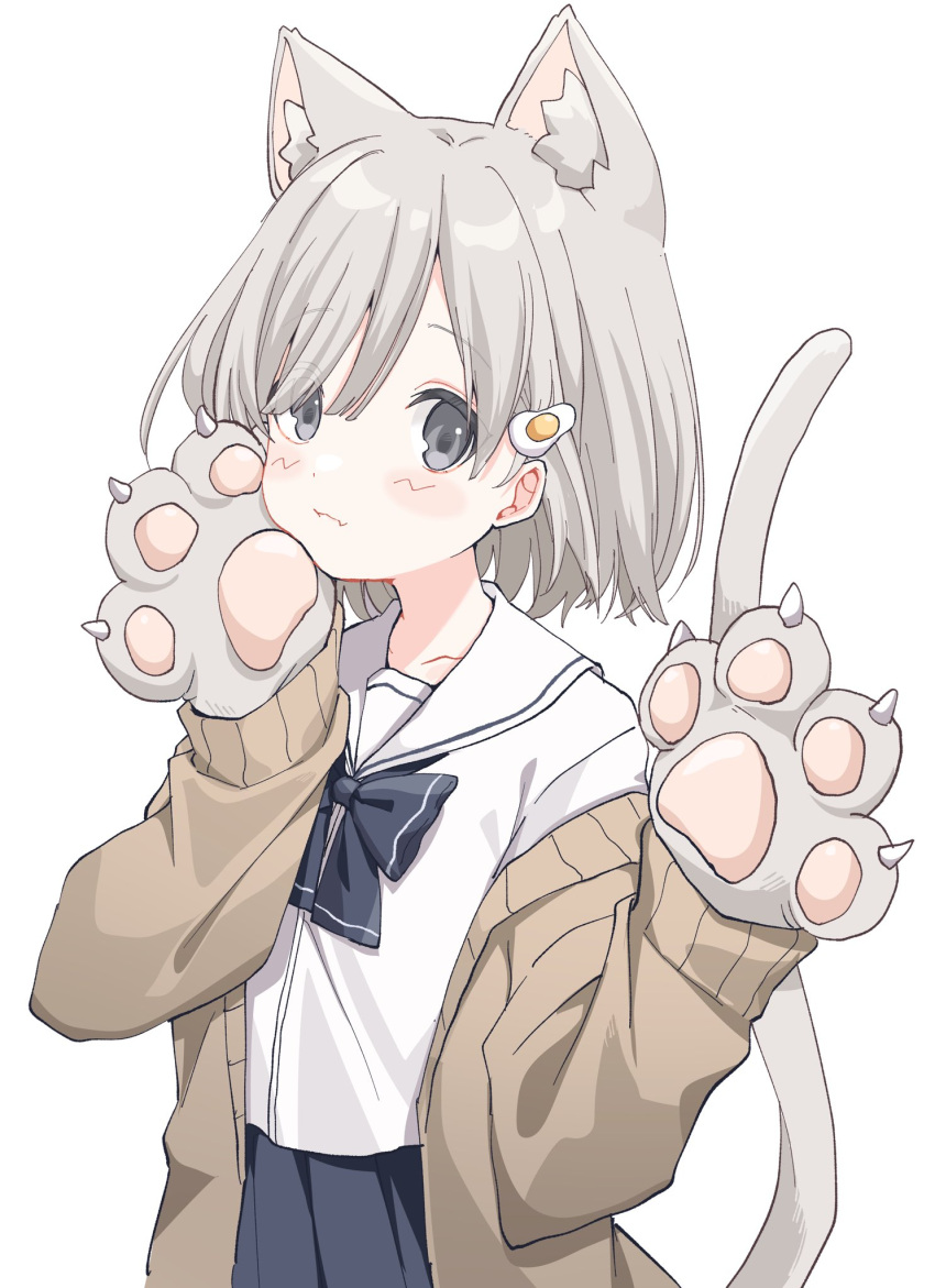 1girl animal_ear_fluff animal_ears animal_hands black_bow black_bowtie black_skirt bow bowtie brown_jacket cat_ears cat_girl cat_paws cat_tail closed_mouth egg_hair_ornament food-themed_hair_ornament gloves grey_eyes grey_hair grey_tail hair_ornament highres jacket long_sleeves looking_at_viewer original paw_gloves pleated_skirt sailor_collar school_uniform sentouryoku_5 serafuku short_hair simple_background skirt solo tail tail_raised upper_body white_background white_sailor_collar white_serafuku