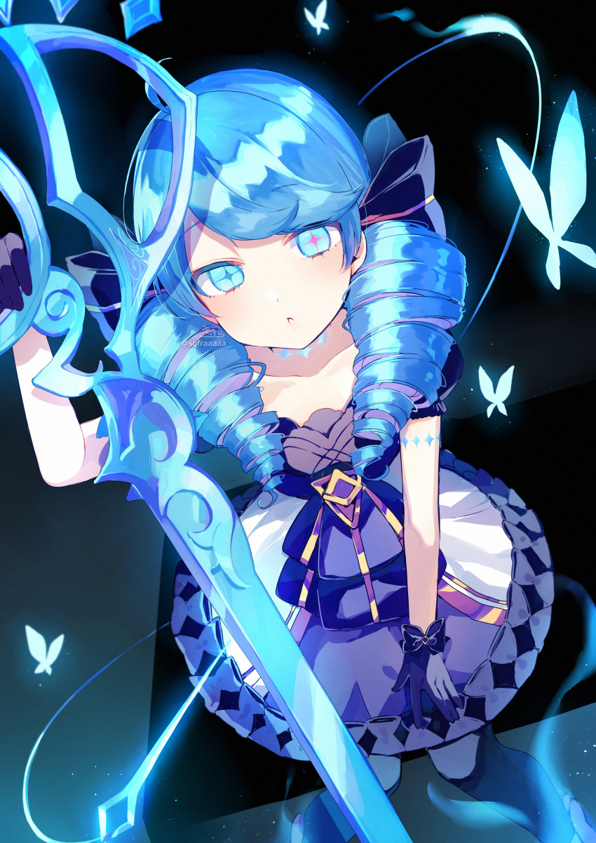 1girl :o absurdres animal arm_up black_pantyhose blue_bow blue_dress blue_eyes blue_gloves blue_hair bow bug butterfly collarbone commentary dress drill_hair feet_out_of_frame gloves gwen_(league_of_legends) hair_bow highres holding holding_scissors league_of_legends looking_at_viewer oversized_object pantyhose parted_bangs parted_lips puffy_short_sleeves puffy_sleeves scissors short_sleeves signature sofra solo standing twin_drills twintails twitter_username