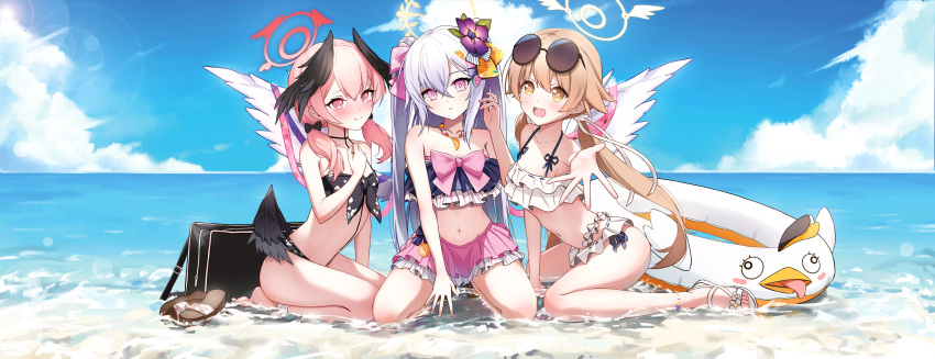 3girls absurdres angel_wings azusa_(blue_archive) azusa_(swimsuit)_(blue_archive) barefoot beach bikini black_bag black_bikini black_bow black_wings blue_archive blush bow breasts closed_mouth embarrassed expressionless flat_chest floral_print flower frilled_bikini frills front-tie_bikini_top front-tie_top hair_between_eyes hair_bow hair_flaps hair_flower hair_ornament hair_over_shoulder halo hand_up head_wings hifumi_(blue_archive) hifumi_(swimsuit)_(blue_archive) highres innertube jewelry kneeling koharu_(blue_archive) koharu_(swimsuit)_(blue_archive) light_brown_hair long_hair looking_at_viewer low_twintails low_wings multiple_girls navel necklace nzdwarf official_alternate_costume open_mouth outdoors outstretched_arm peroro_(blue_archive) pink_eyes pink_hair pink_halo print_bikini ribbon ribbon-trimmed_bikini sandals sitting small_breasts smile spaghetti_strap strapless strapless_bikini sunglasses swim_ring swimsuit twintails unworn_sandals wariza white_bikini white_footwear white_hair white_wings wings yellow_eyes yellow_halo