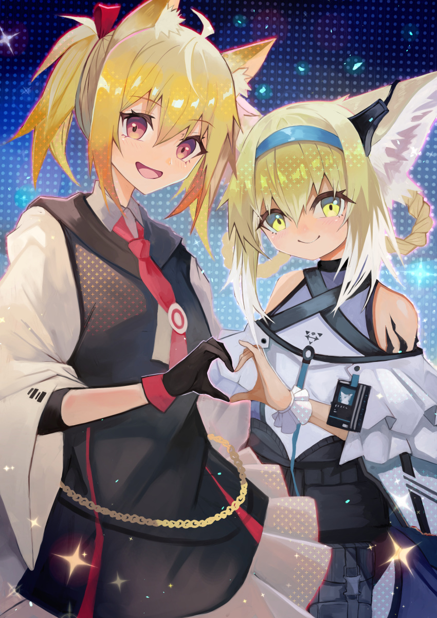 2girls absurdres animal_ear_fluff animal_ears aqua_hairband arknights black_dress black_gloves blonde_hair closed_mouth dress earpiece fox_ears fox_girl gloves green_eyes hair_between_eyes hair_rings hairband haru_torimaru heart heart_hands heart_hands_duo highres id_card looking_at_viewer multiple_girls necktie open_mouth oripathy_lesion_(arknights) red_eyes red_necktie short_hair short_twintails single_wrist_cuff smile sora_(arknights) suzuran_(arknights) twintails white_wrist_cuffs wolf_ears wrist_cuffs