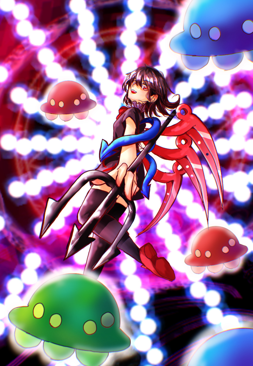 1girl black_hair flying_saucer highres holding_trident houjuu_nue medium_hair polearm red_eyes shee_take solo spacecraft spell_card touhou trident weapon