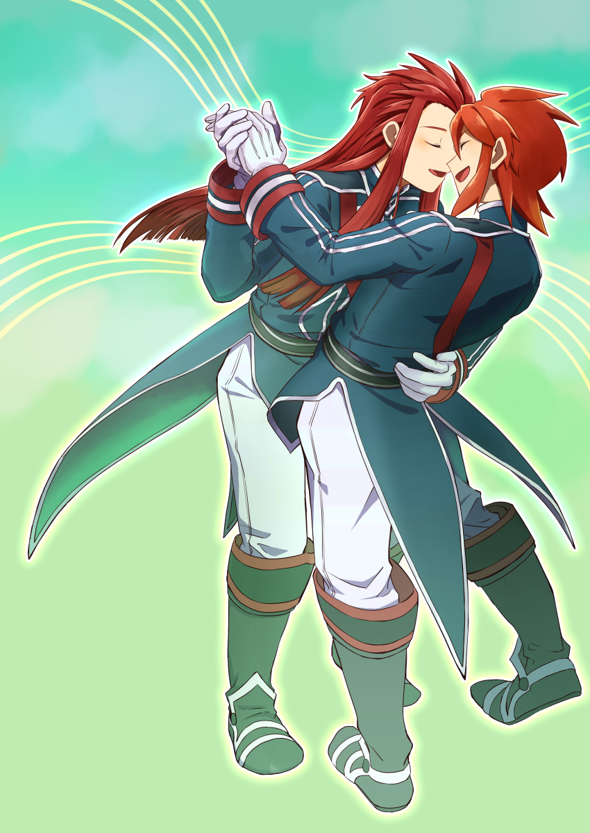 2boys absurdres asch_(tales) belt black_belt black_footwear blue_shirt boots closed_eyes cosplay facing_another gloves green_background highres holding_hands knee_boots long_hair luke_fon_fabre luke_fon_fabre_(cosplay) luke_fon_fabre_(viscount) male_focus multiple_boys official_alternate_costume open_mouth pants red_hair shiki_123 shirt sidelocks smile spiked_hair staff_(music) standing tales_of_(series) tales_of_the_abyss white_gloves white_pants