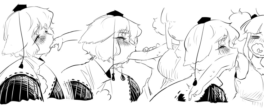 2girls armpits blush breasts closed_eyes frogsnake hand_in_mouth hat inubashiri_momiji licking licking_another's_hand licking_armpit licking_finger monochrome multiple_girls open_mouth oral sexually_suggestive sweat tokin_hat touhou x-ray