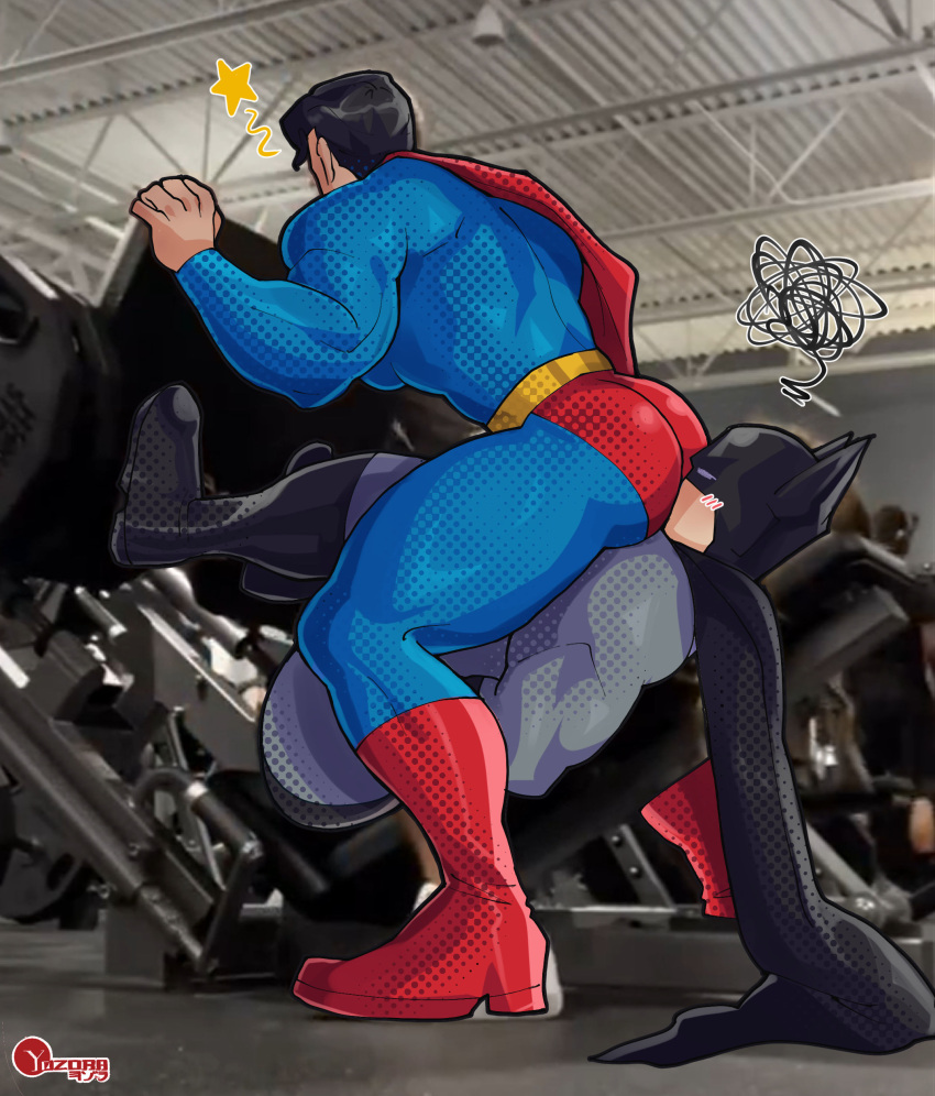 2boys absurdres aliveyozora artist_logo artist_name ass ass-to-mouth bara batman biceps black_hair blush cape dc_comics gym highres huge_ass leg_press_machine male_focus manly mask mature_male meme multiple_boys muscular muscular_male signature suit superman thick_arms thick_thighs thighs tight_clothes