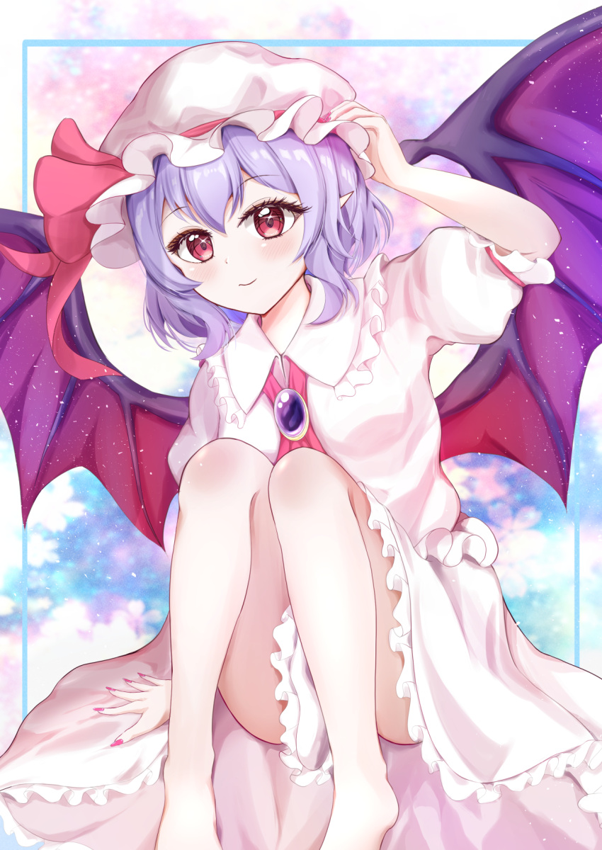 1girl arm_support arm_up bare_legs barefoot bat_wings closed_mouth collared_dress dress foot_out_of_frame frilled_hat frilled_shirt_collar frilled_sleeves frills gem hand_on_headwear hat highres knees_up legs light_particles looking_at_viewer medium_hair mob_cap multicolored_background pink_nails pointy_ears puffy_short_sleeves puffy_sleeves purple_gemstone purple_hair red_eyes remilia_scarlet shirotsuki_shirone short_sleeves sidelocks sitting smile solo sparkling_eyes spread_wings thighs touhou white_dress white_headwear wings