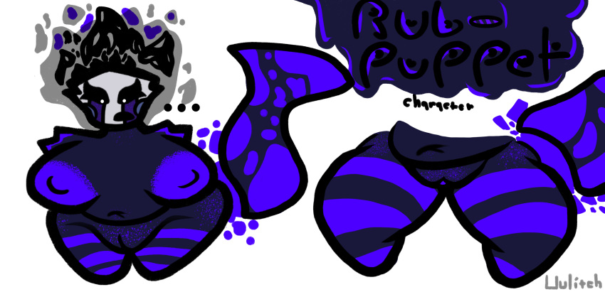 alien alien_humanoid anthro areola belly big_areola big_belly big_breasts big_nipples bodily_fluids breasts digital_media_(artwork) elemental_creature female five_nights_at_freddy's five_nights_at_freddy's_2 freckles fur genitals hair hi_res huge_breasts humanoid magic marionette_(fnaf) markings monster_girl_(genre) navel nipples nude open_mouth purple_body purple_fur pussy rub_pupet_(character) rub_puppet scottgames simple_background solo tail text thick_thighs uulitch