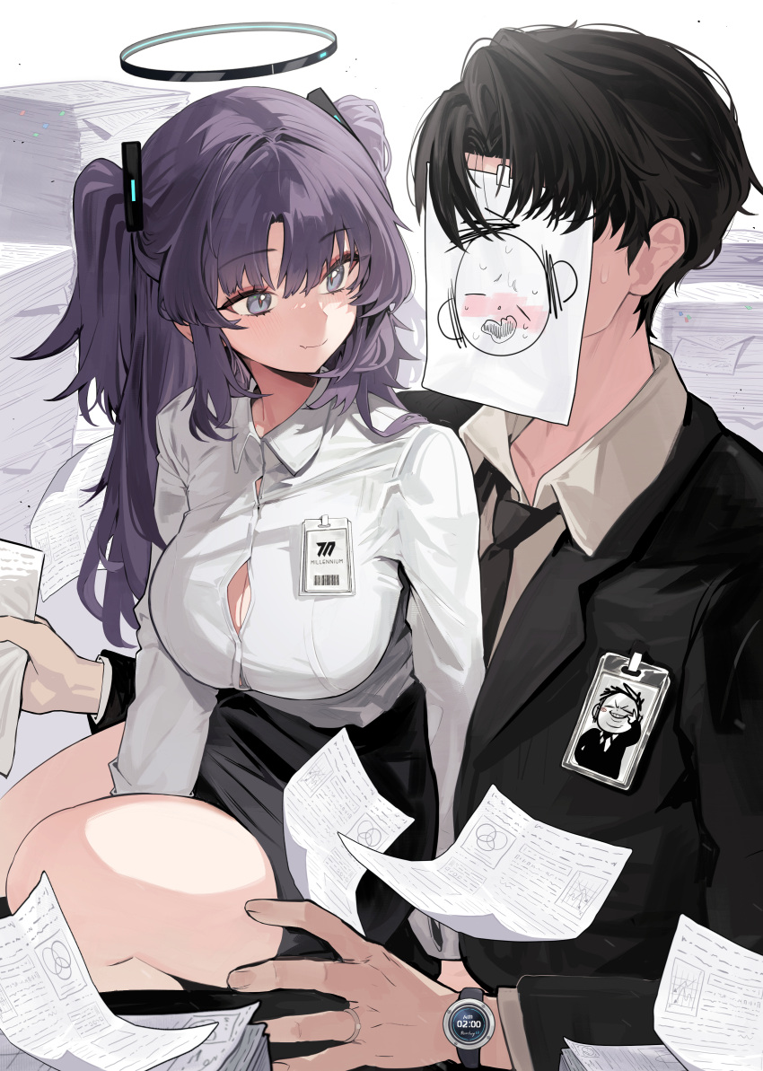 1boy 1girl absurdres black_hair black_necktie black_skirt blue_archive blush breasts cleavage closed_mouth collared_shirt doodle_sensei_(blue_archive) fang hair_between_eyes halo highres holding holding_paper jewelry large_breasts long_hair mechanical_halo movik necktie paper purple_eyes purple_hair ring sensei_(blue_archive) shirt short_hair skin_fang skirt smile suit two_side_up watch wedding_ring white_shirt wristwatch yuuka_(blue_archive)