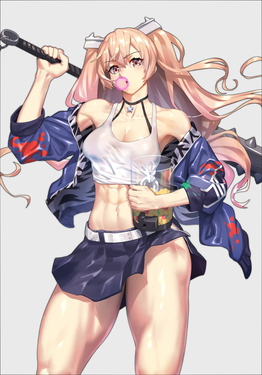 1girl abs absurdres baseball_bat blonde_hair chewing_gum commission food highres holding holding_food holding_mace johnston_(kancolle) kantai_collection long_hair mace muscular muscular_female off_shoulder pixiv_commission qtime4_702 skirt spiked_mace spikes sports_bra twintails weapon white_sports_bra yellow_eyes