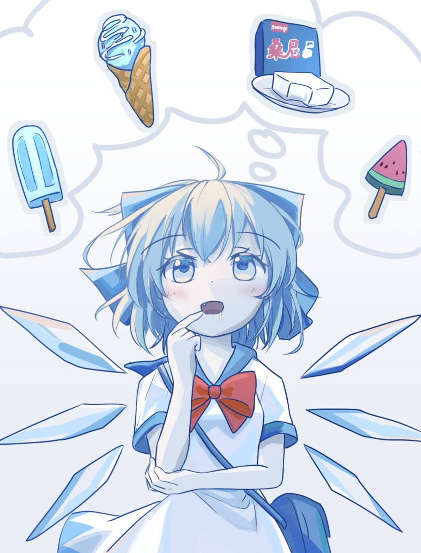 1girl alternate_costume bag blue_bag blue_bow blue_eyes blue_hair blue_sailor_collar bow bowtie breasts cirno cowboy_shot detached_wings dress fang finger_to_mouth food hair_bow hand_on_own_elbow highres lbcirno9 medium_hair open_mouth popsicle red_bow red_bowtie sailor_collar sailor_dress short_sleeves shoulder_bag small_breasts solo thinking thought_bubble touhou watermelon_bar white_background white_dress wings