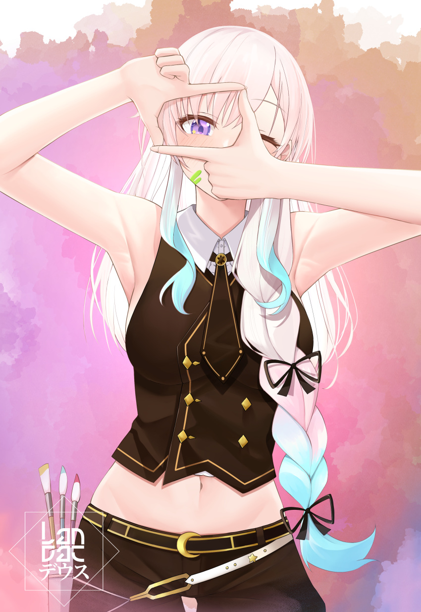 1girl absurdres airani_iofifteen airani_iofifteen_(3rd_costume) armpits artist_logo black_necktie black_ribbon black_shorts blue_hair braid breasts collared_shirt cowboy_shot crescent gradient_hair grey_hair hair_ribbon highres hololive hololive_indonesia landacdeus long_hair multicolored_hair navel necktie one_eye_closed paint_splatter paint_splatter_on_face paintbrush pink_hair purple_eyes ribbon shirt shorts sleeveless sleeveless_shirt solo star_(symbol) star_in_eye symbol_in_eye virtual_youtuber white_shirt