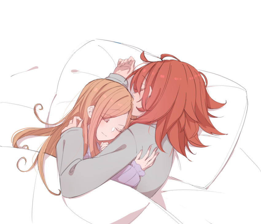 2girls abigail_williams_(fate) ahoge brown_hair closed_eyes commission fate/grand_order fate_(series) fujimaru_ritsuka_(female) grey_shirt hand_on_another's_back highres hollomaru hug light_blush light_smile long_hair long_sleeves lying medium_hair multiple_girls on_side orange_hair pillow pixiv_commission purple_shirt shirt sleeping under_covers yuri